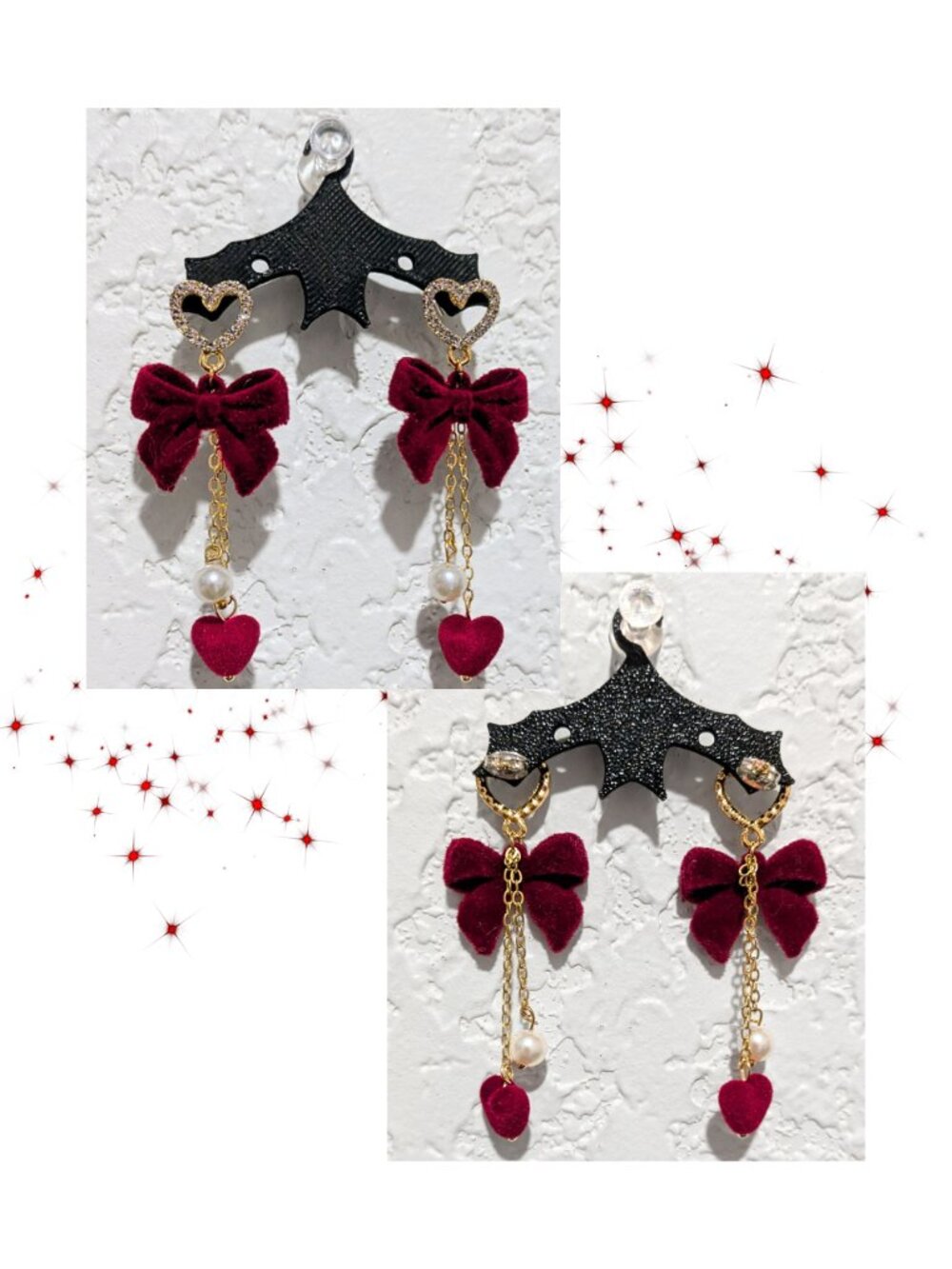 Dark Feminine Velvet Bow Heart Pearl Earrings Coquette Romantic Goth Lovecore